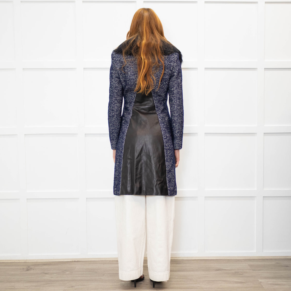 Versace Blue Herringbone Fur Collar Coat
