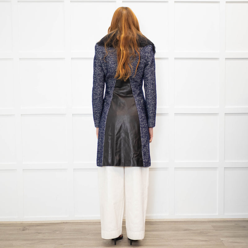 Versace Blue Herringbone Fur Collar Coat