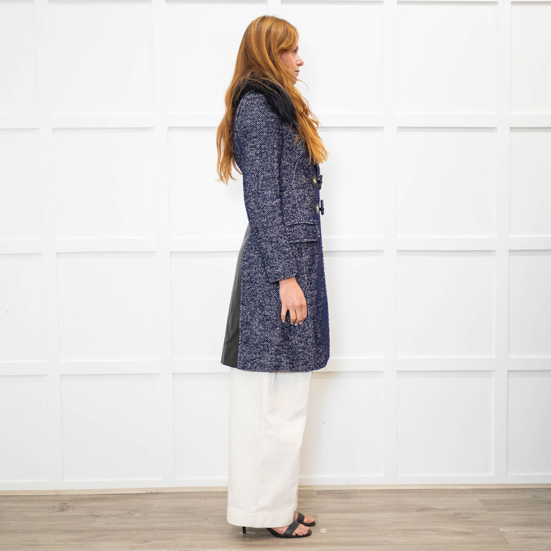 Versace Blue Herringbone Fur Collar Coat