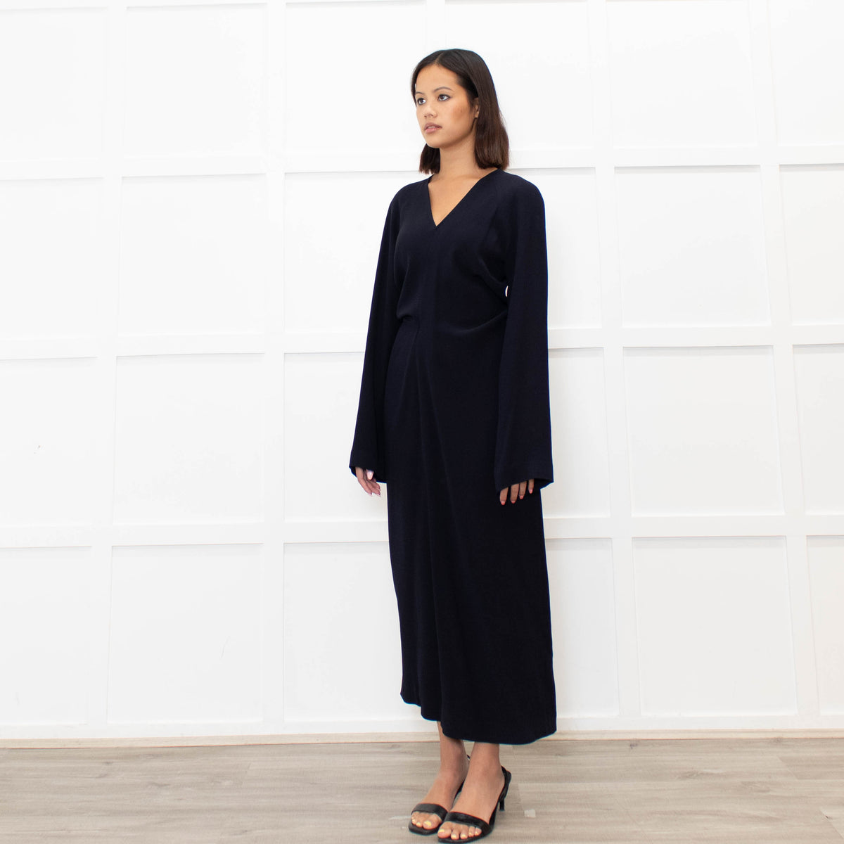 Raey Navy Blue Crepe Asymetric Long Sleeve Dress