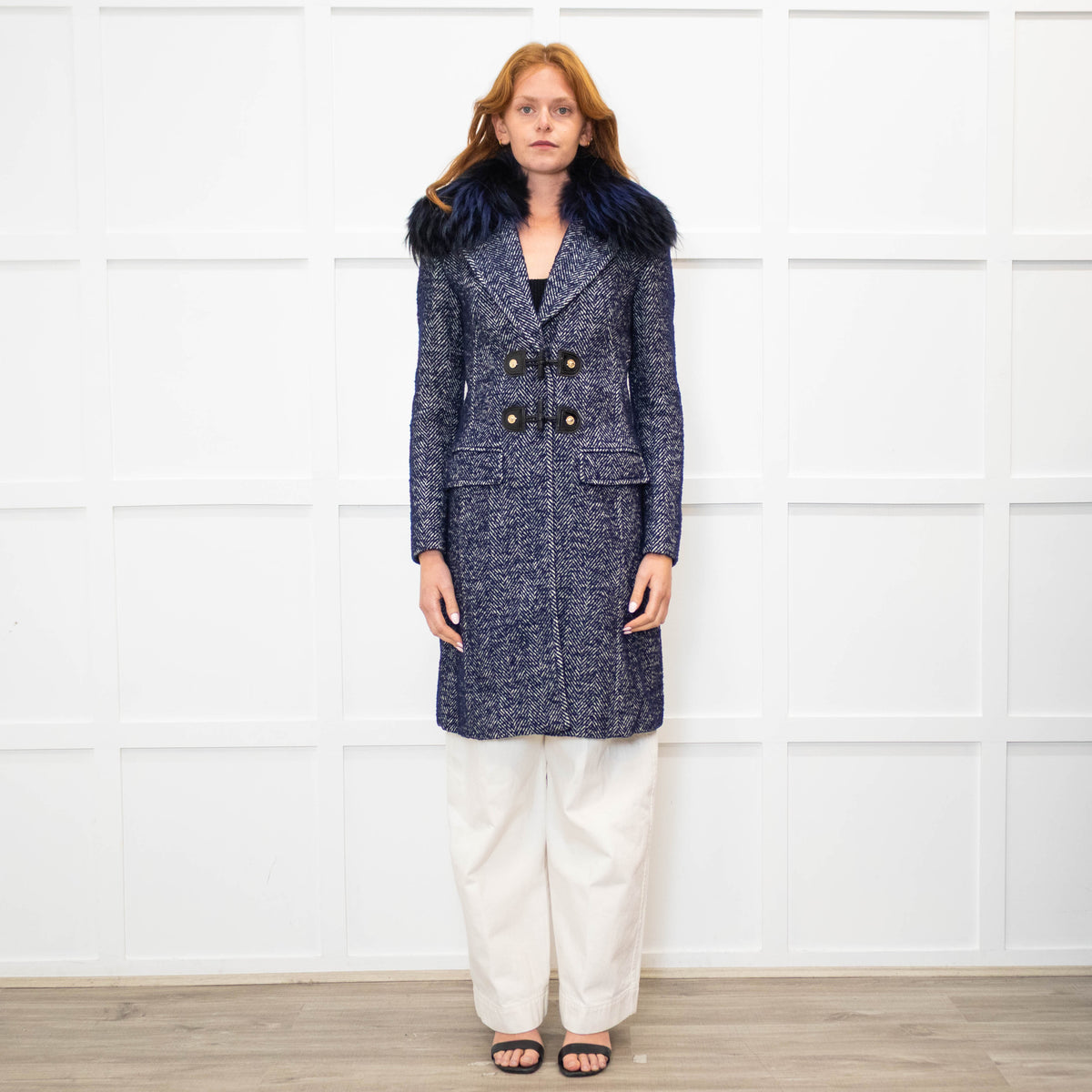 Versace Blue Herringbone Fur Collar Coat