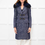 Versace Blue Herringbone Fur Collar Coat