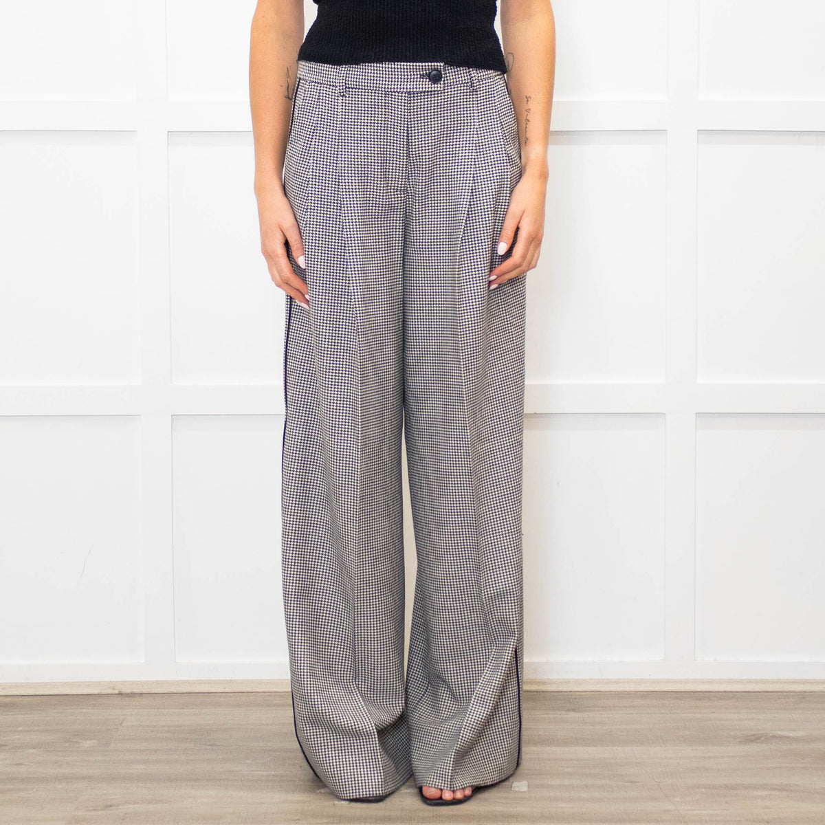Me + Em Black White Small Houndstooth Pleated Front Wide Trousers