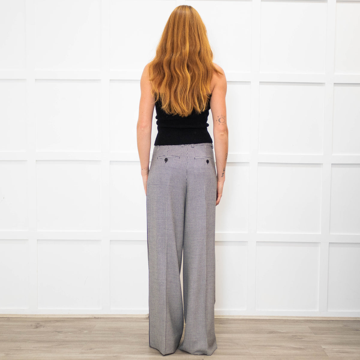 Me + Em Black White Small Houndstooth Pleated Front Wide Trousers
