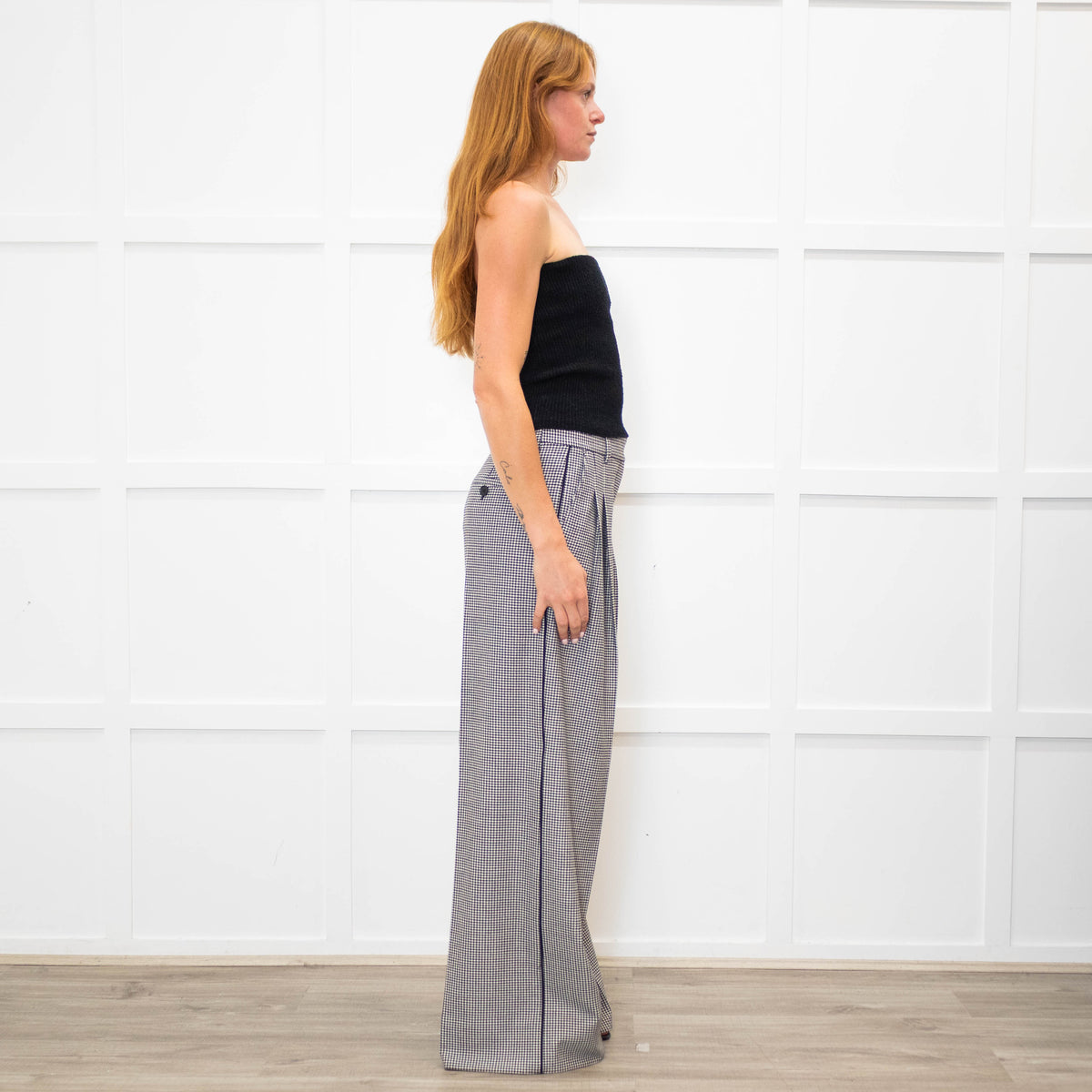 Me + Em Black White Small Houndstooth Pleated Front Wide Trousers