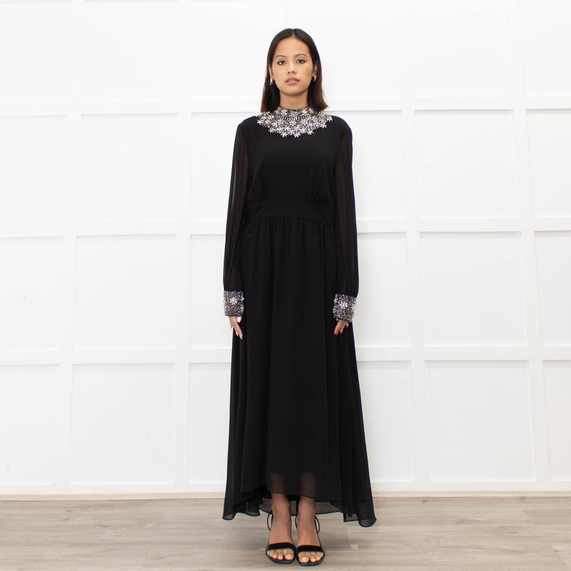 Sandro Black Jewelled Collar and Cuff Long Dress