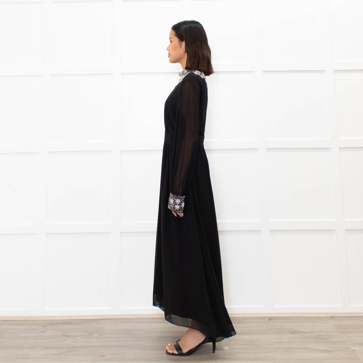 Sandro Black Jewelled Collar and Cuff Long Dress