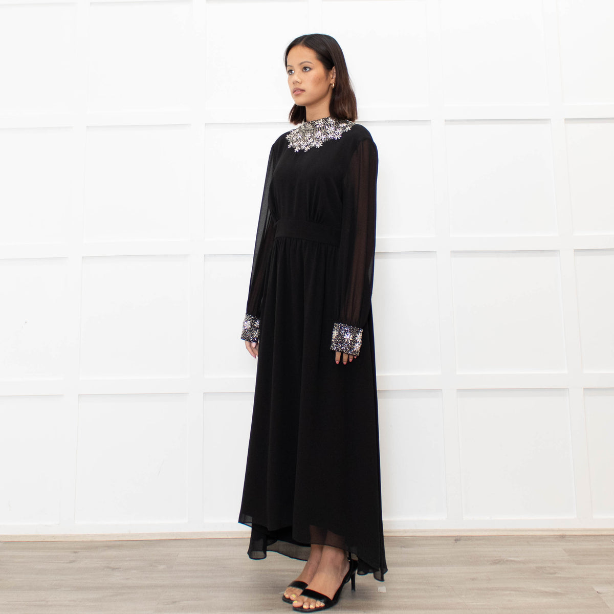 Sandro Black Jewelled Collar and Cuff Long Dress