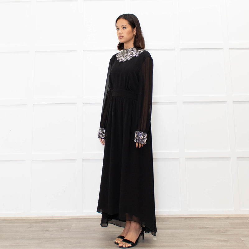 Sandro Black Jewelled Collar and Cuff Long Dress