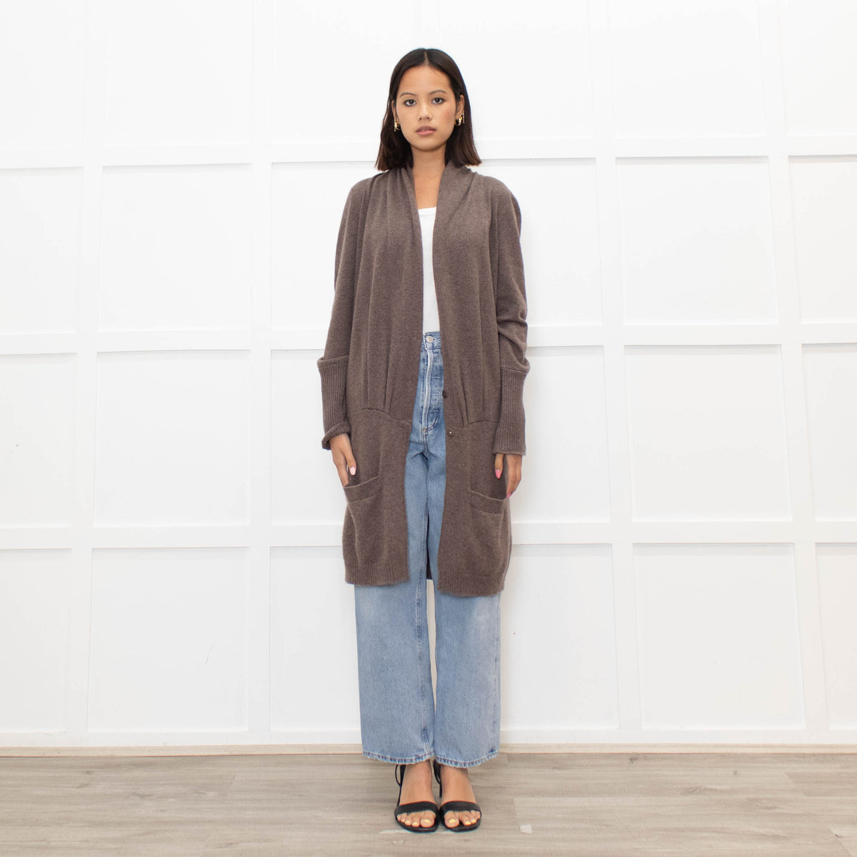 Brunello Cuccinelli Brown Popper Front Long Cashmere Cardigan
