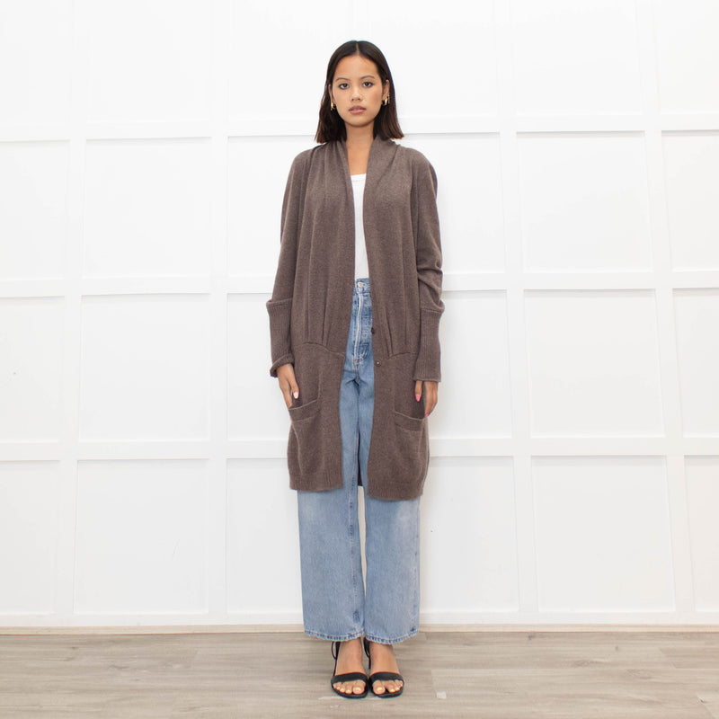 Brunello Cuccinelli Brown Popper Front Long Cashmere Cardigan