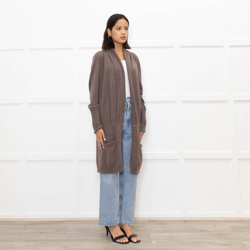 Brunello Cuccinelli Brown Popper Front Long Cashmere Cardigan