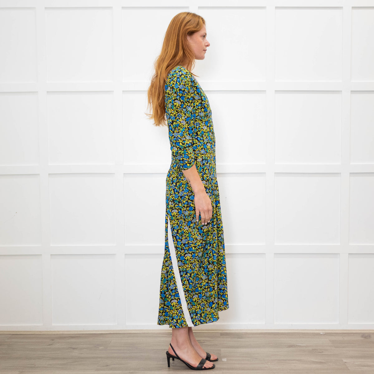 Victoria Beckham Black Blue Yellow Floral Long Sleeve Silk Dress