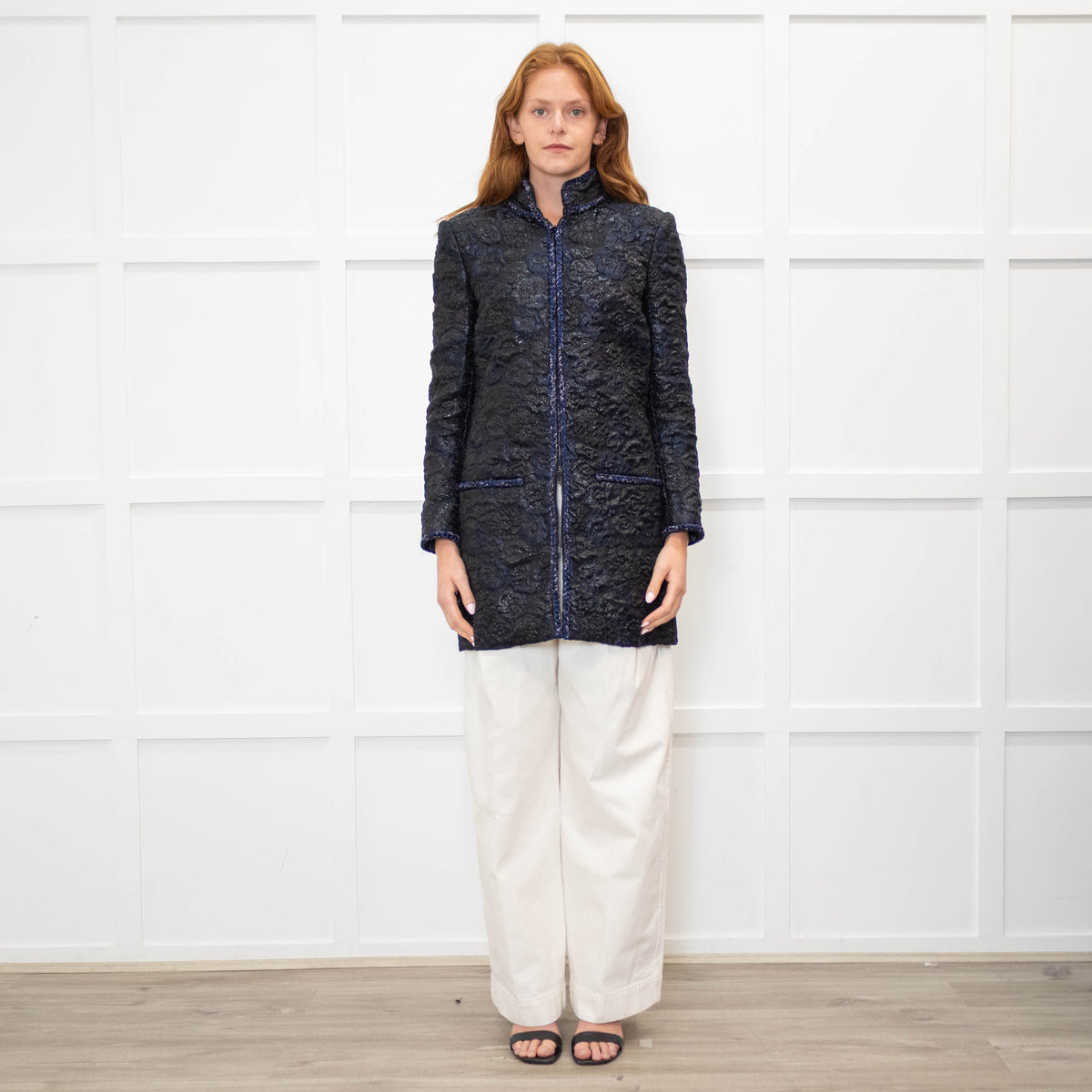 Chanel Black Navy Jacquard Zip Up Jacket