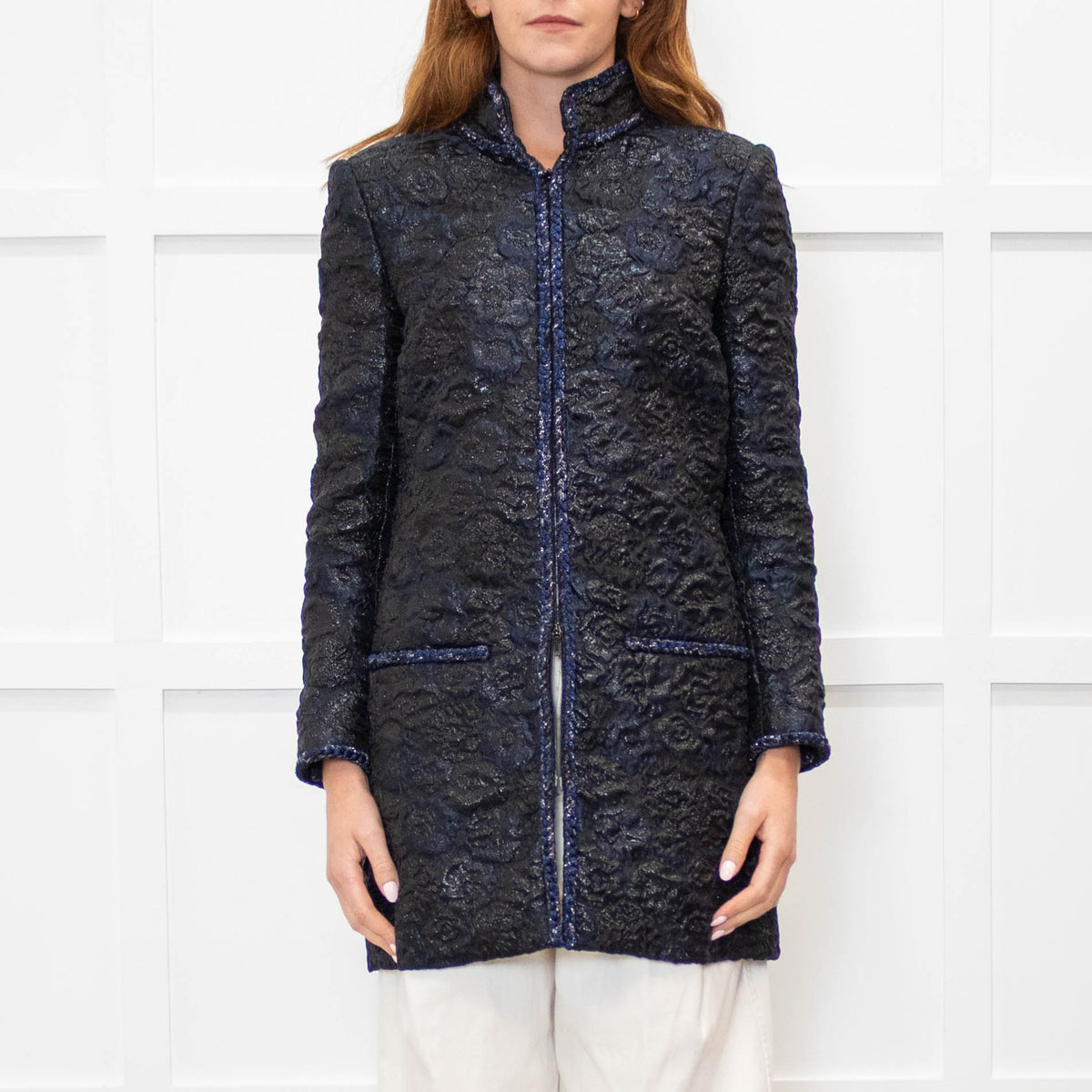 Chanel Black Navy Jacquard Zip Up Jacket