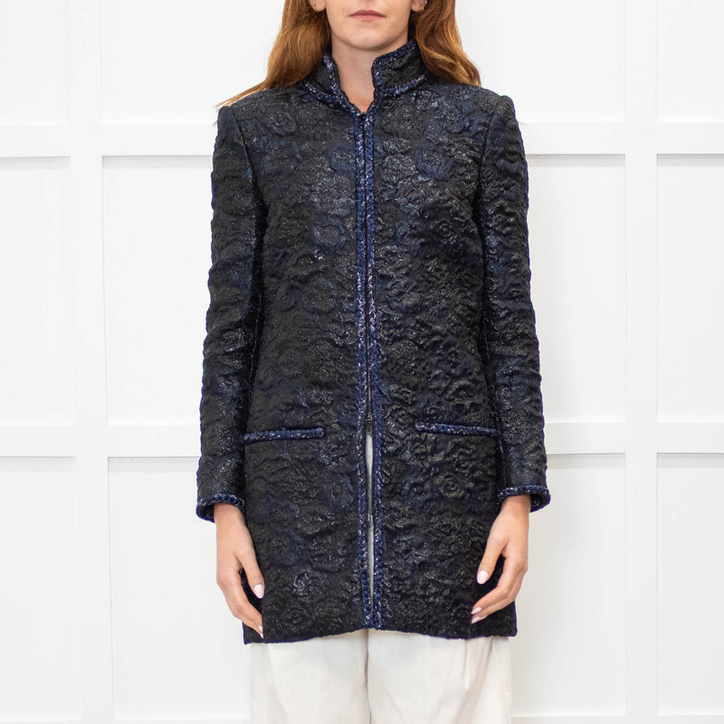 Chanel Black Navy Jacquard Zip Up Jacket
