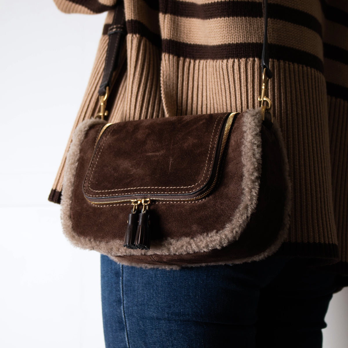 Anya Hindmarch Small Vere Satchel in Coffee Suede with Shearling Trim