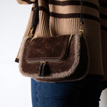 Anya Hindmarch Small Vere Satchel in Coffee Suede with Shearling Trim