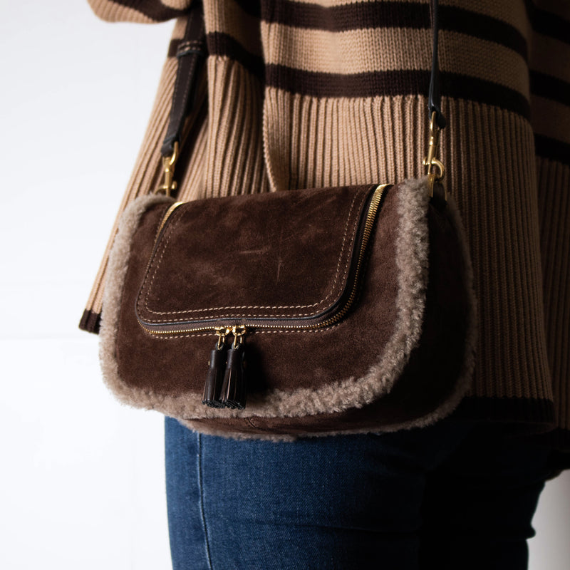 Anya Hindmarch Small Vere Satchel in Coffee Suede with Shearling Trim