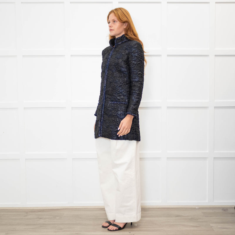 Chanel Black Navy Jacquard Zip Up Jacket
