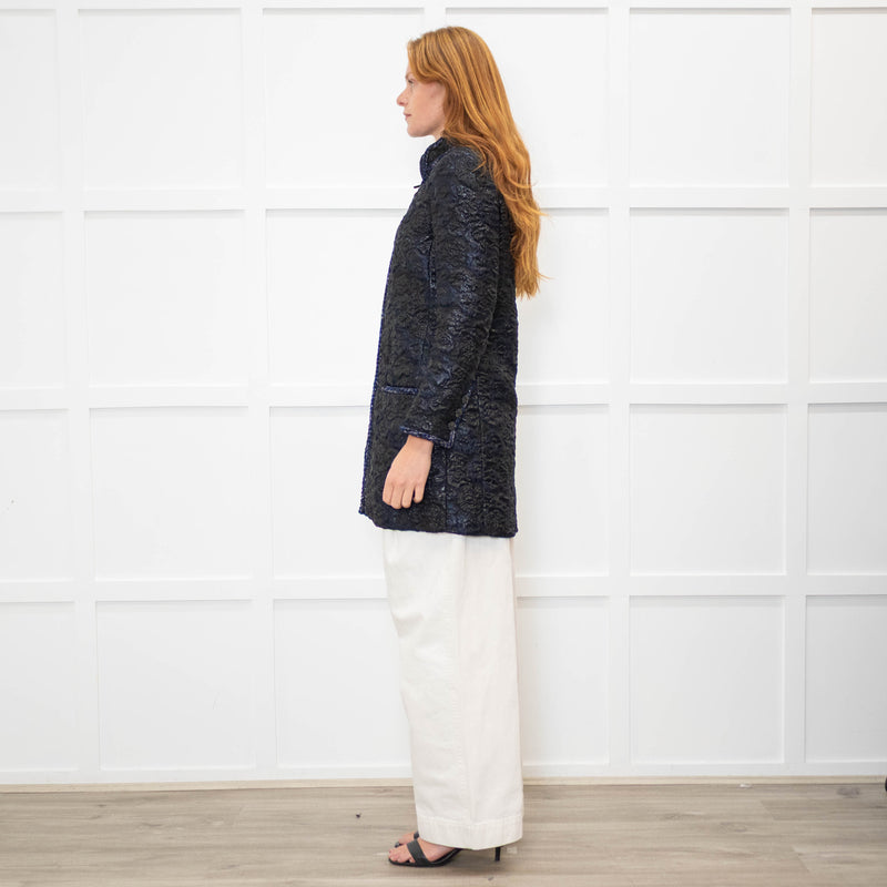 Chanel Black Navy Jacquard Zip Up Jacket