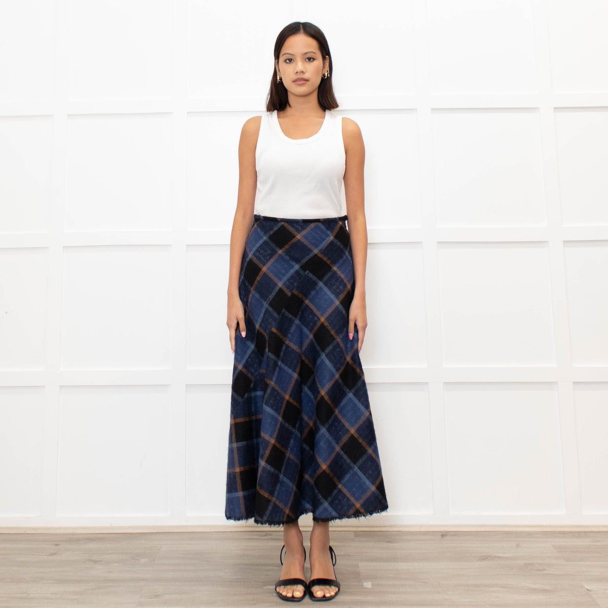 Brora Blue Orange Check A Line Ankle Length Skirt