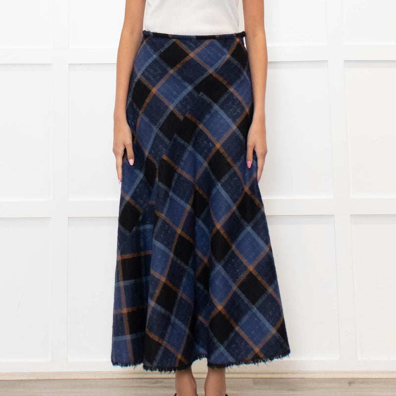 Brora Blue Orange Check A Line Ankle Length Skirt