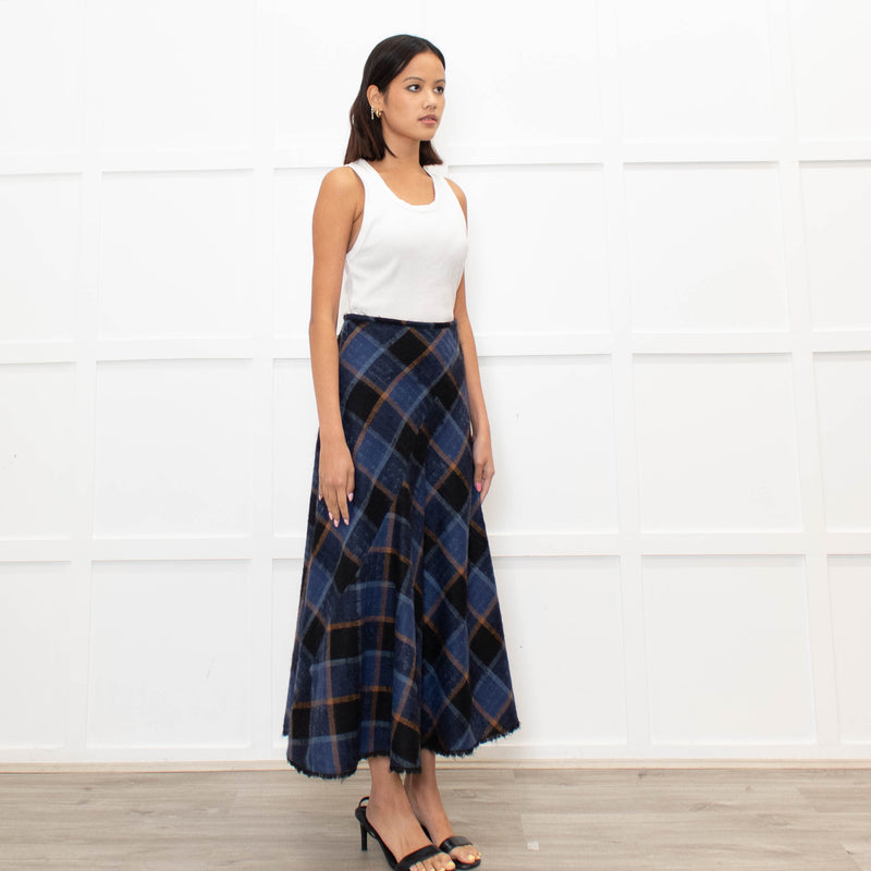 Brora Blue Orange Check A Line Ankle Length Skirt