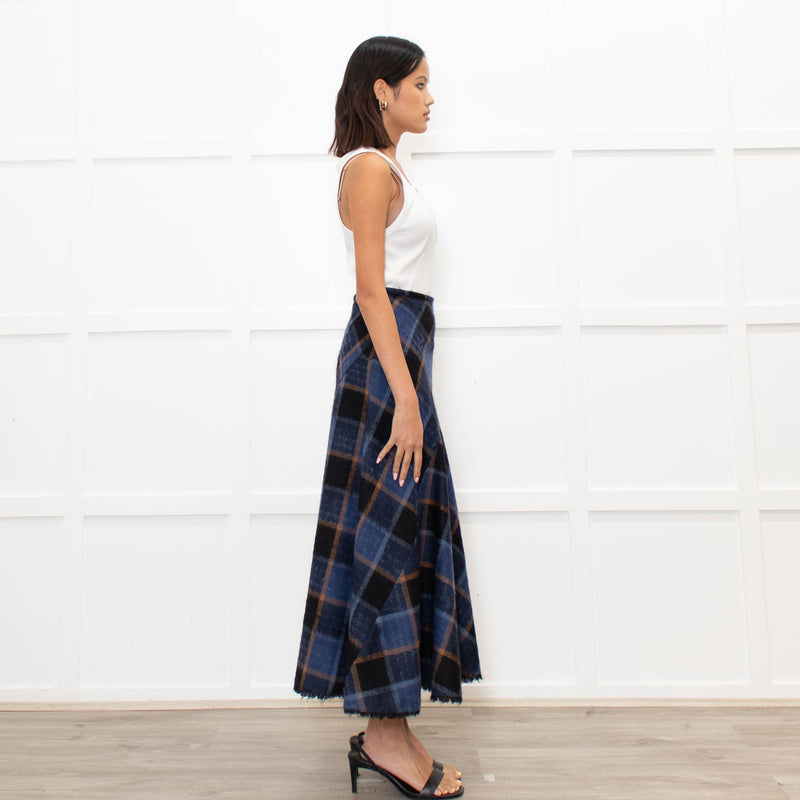 Brora Blue Orange Check A Line Ankle Length Skirt