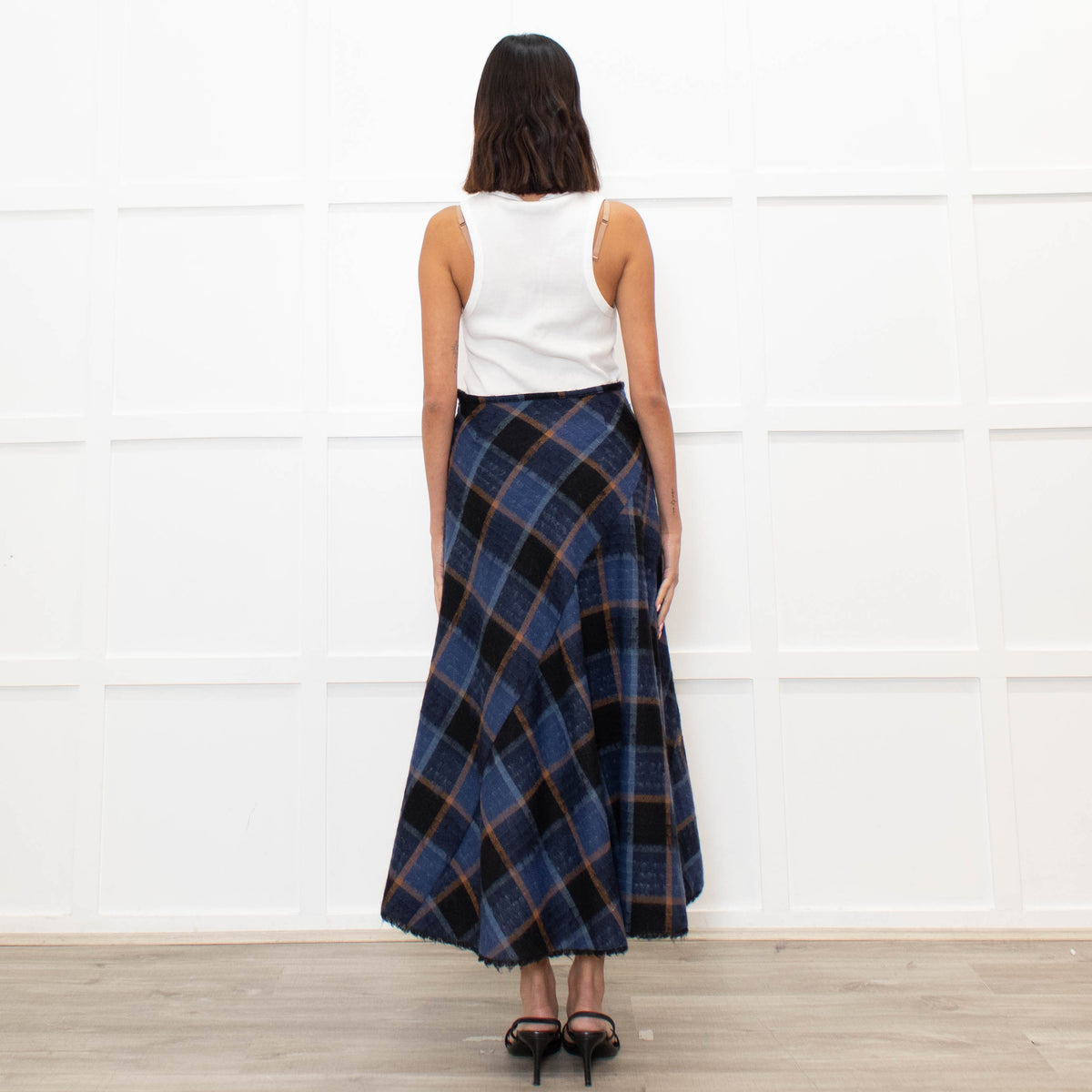 Brora Blue Orange Check A Line Ankle Length Skirt