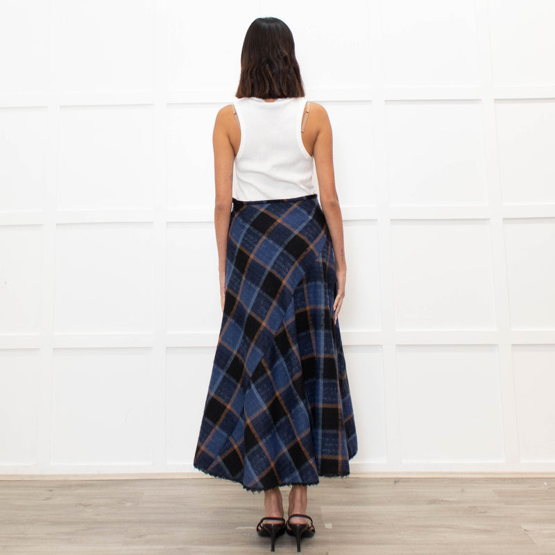 Brora Blue Orange Check A Line Ankle Length Skirt