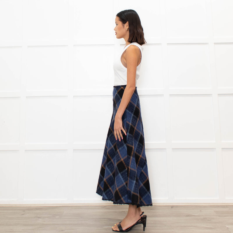 Brora Blue Orange Check A Line Ankle Length Skirt