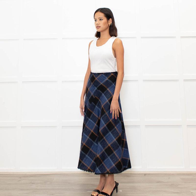Brora Blue Orange Check A Line Ankle Length Skirt