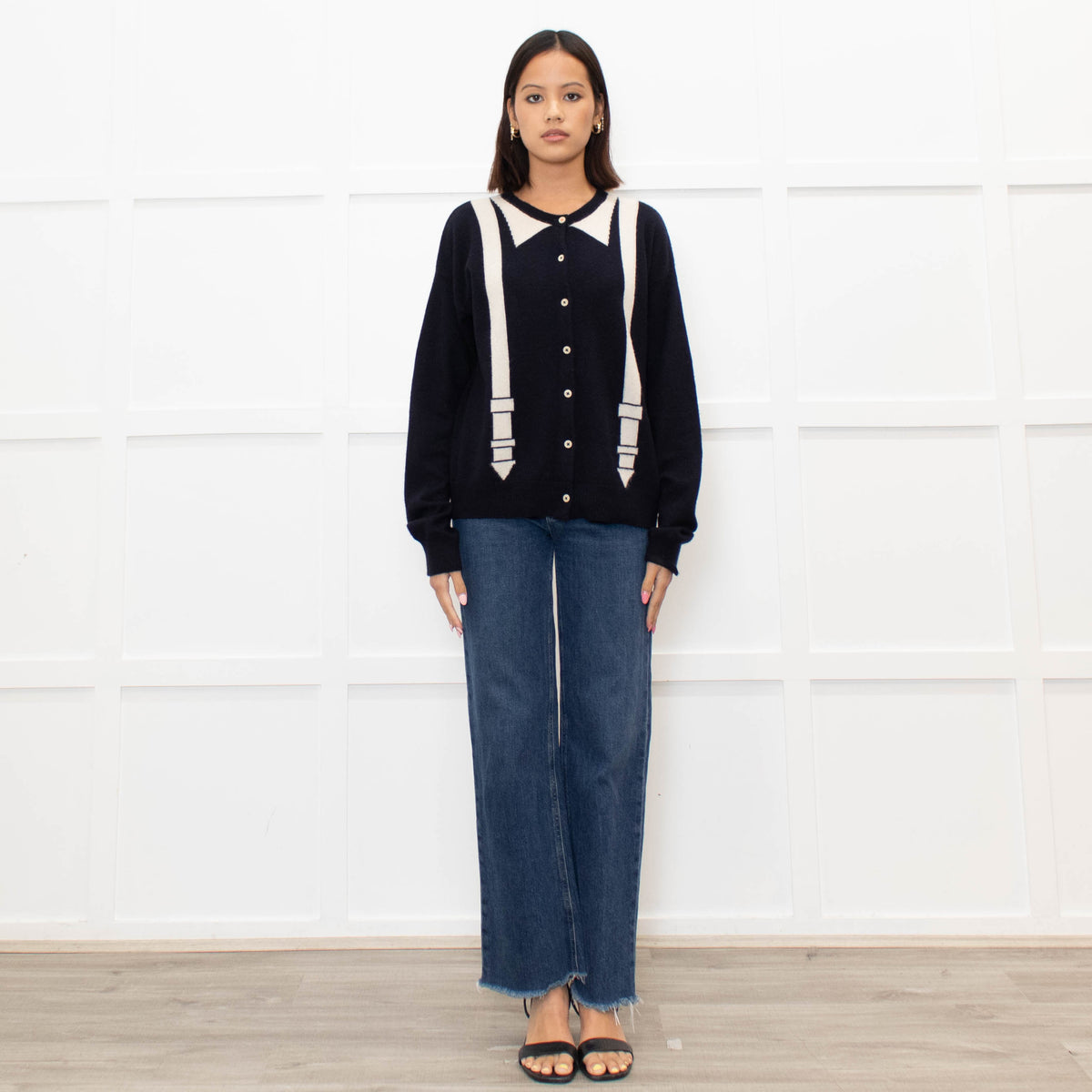 Chinti & Parker Navy Cream Braces Print Cashmere Cardigan