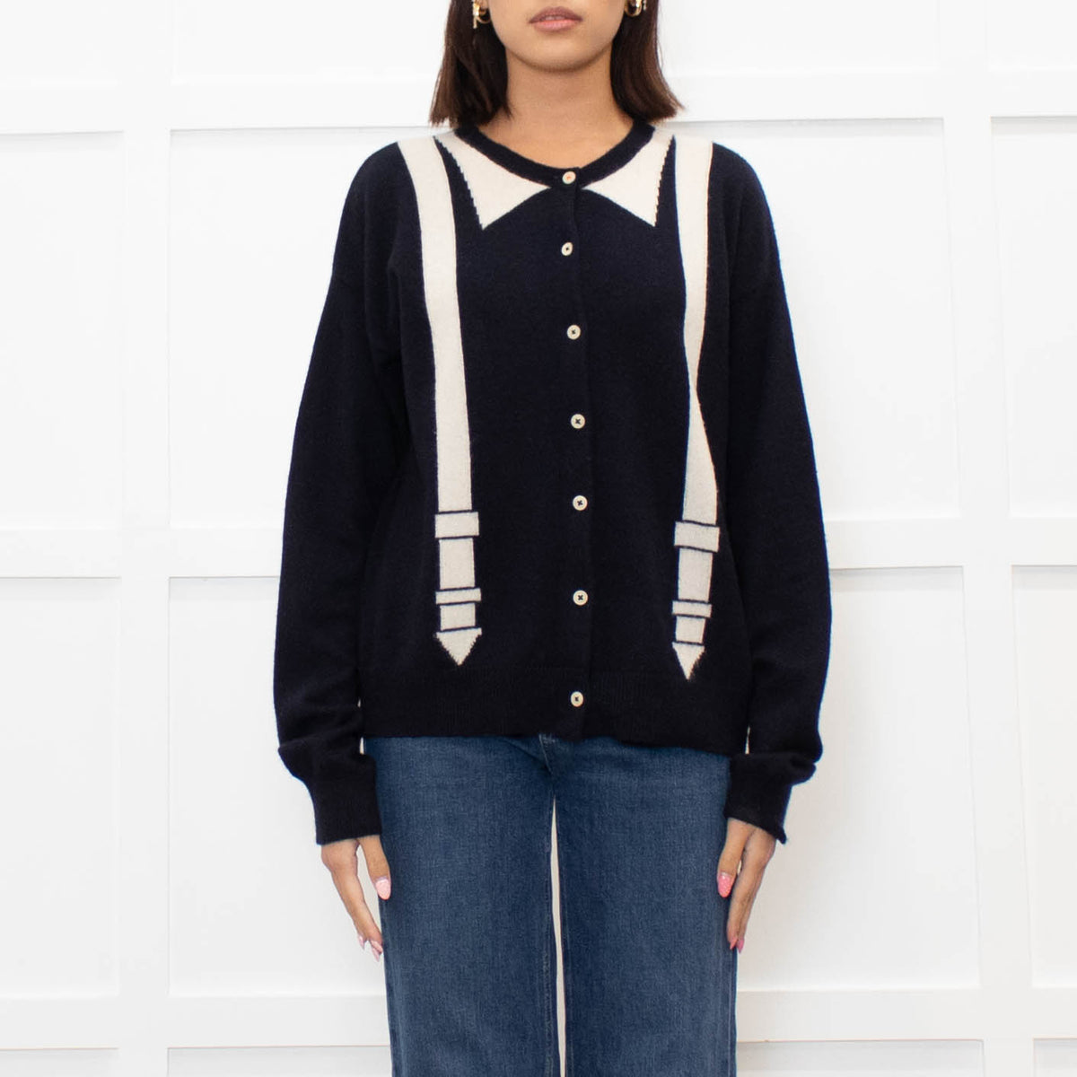 Chinti & Parker Navy Cream Braces Print Cashmere Cardigan