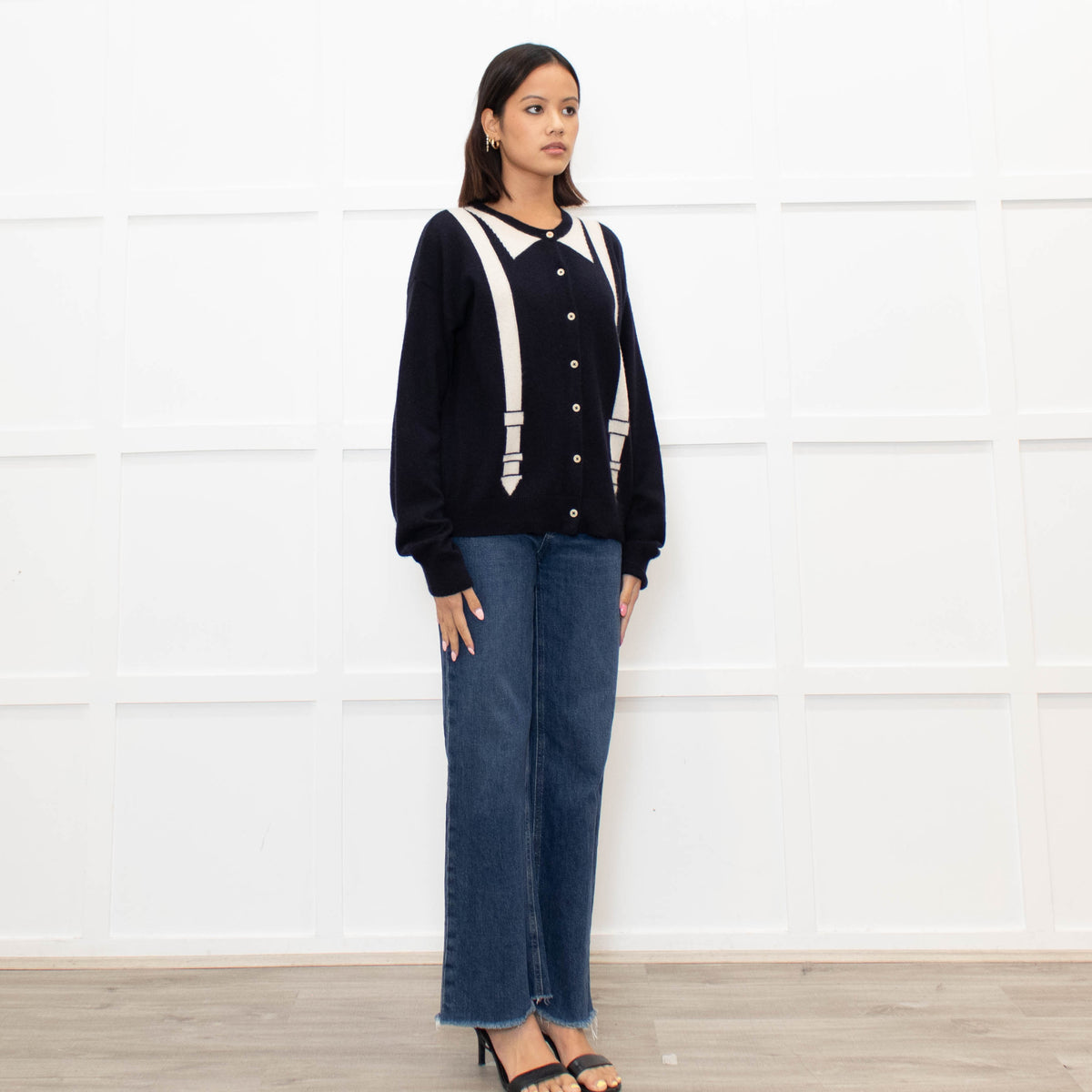 Chinti & Parker Navy Cream Braces Print Cashmere Cardigan