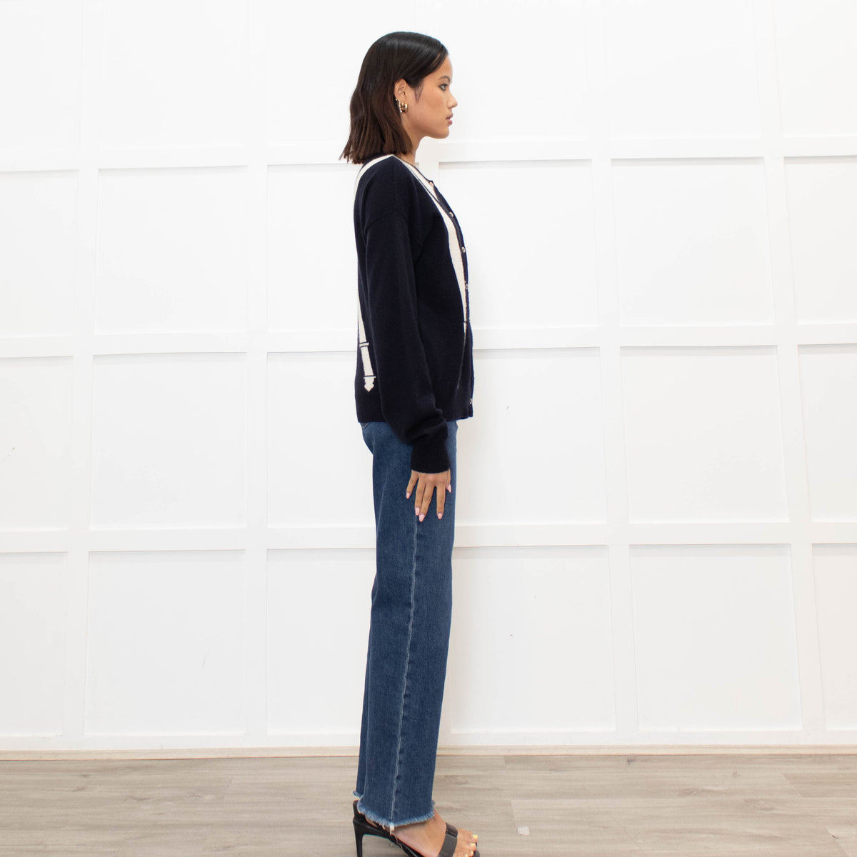 Chinti & Parker Navy Cream Braces Print Cashmere Cardigan