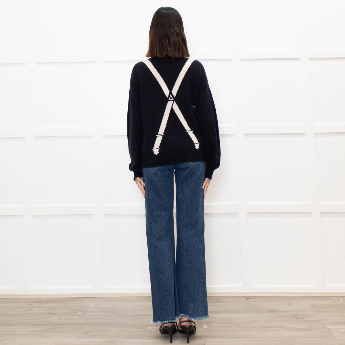 Chinti & Parker Navy Cream Braces Print Cashmere Cardigan