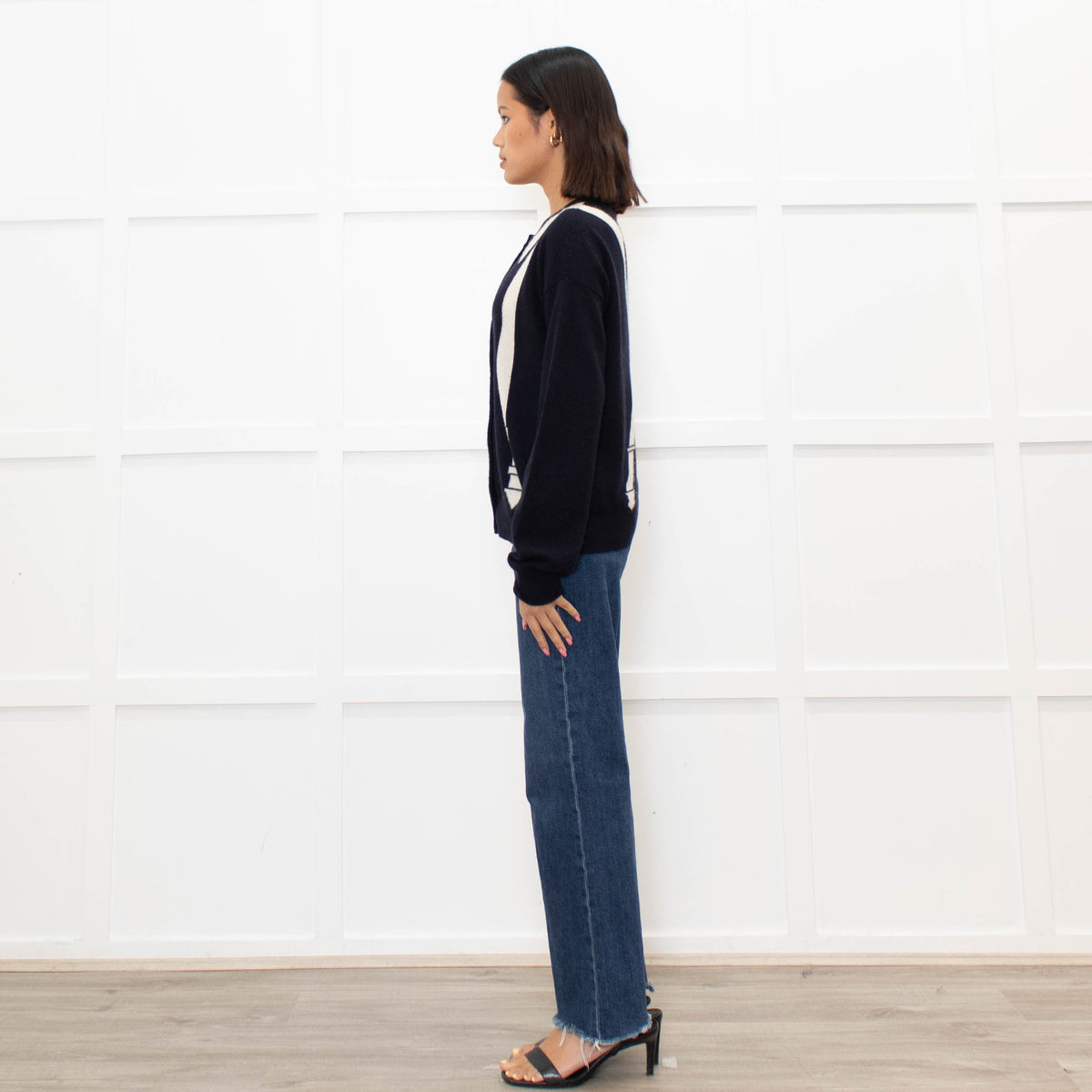 Chinti & Parker Navy Cream Braces Print Cashmere Cardigan