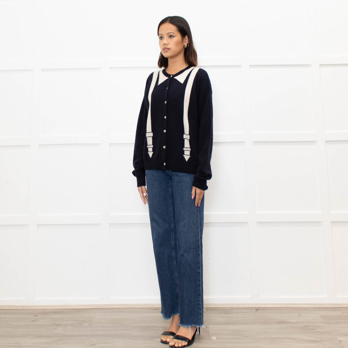 Chinti & Parker Navy Cream Braces Print Cashmere Cardigan