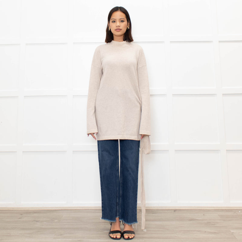 Duffy Neutral Cashmere High Neck V Back Belted Jumper
