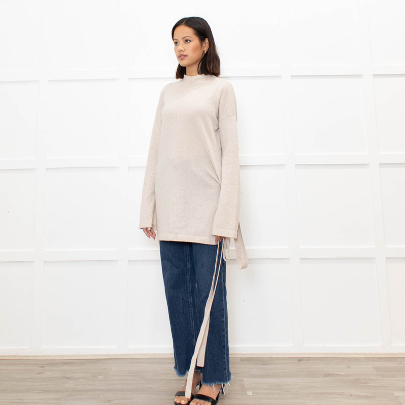 Duffy Neutral Cashmere High Neck V Back Belted Jumper