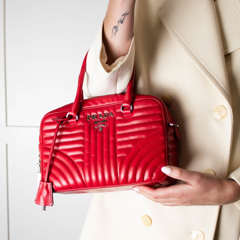 Prada Red Leather Diagramme Bauletto Bag
