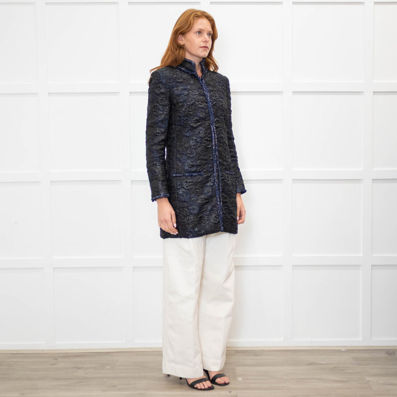 Chanel Black Navy Jacquard Zip Up Jacket