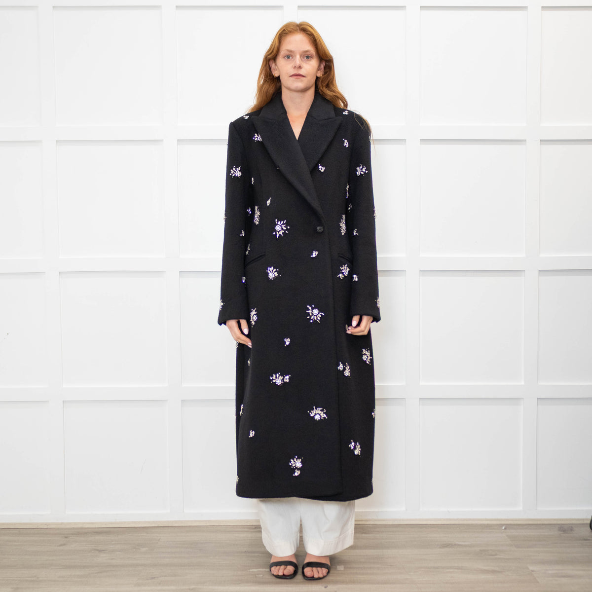 Simkhai Black Wool Blend Crystal Flower Black Sequin Detail Long Coat