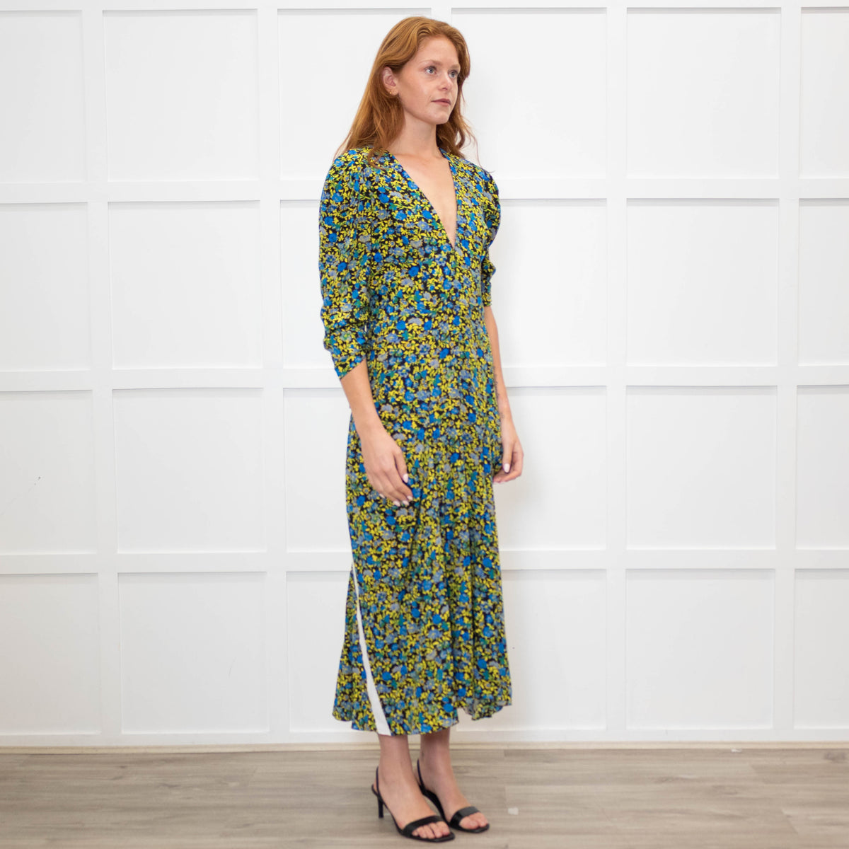 Victoria Beckham Black Blue Yellow Floral Long Sleeve Silk Dress