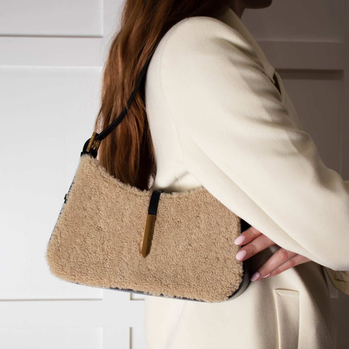 DeMellier Tokyo Shearling Beige and Black Shoulder Bag