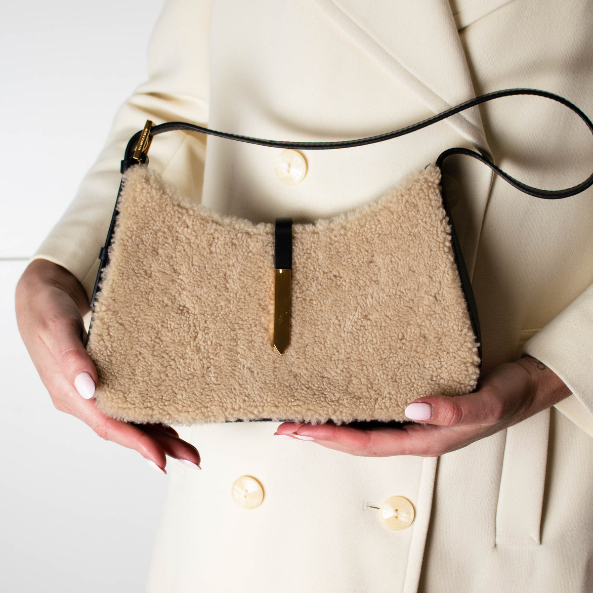 DeMellier Tokyo Shearling Beige and Black Shoulder Bag