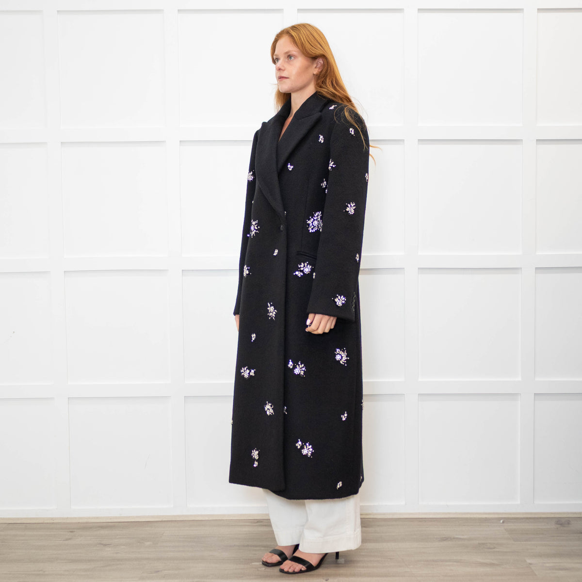 Simkhai Black Wool Blend Crystal Flower Black Sequin Detail Long Coat