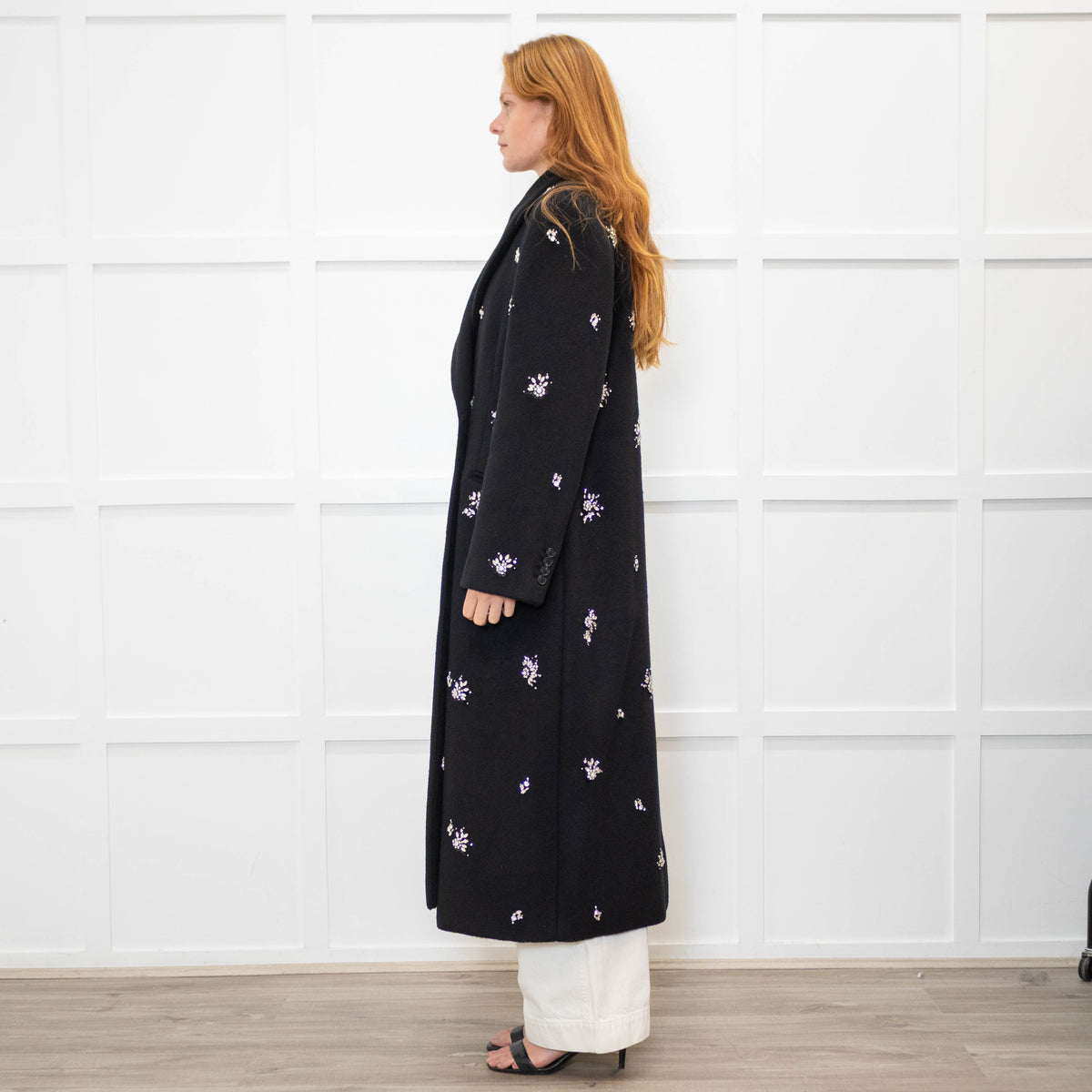 Simkhai Black Wool Blend Crystal Flower Black Sequin Detail Long Coat